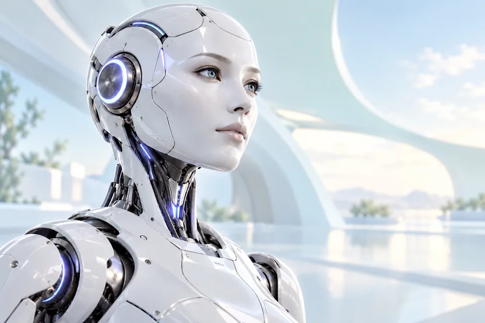 Concept image of a white humanoid robot with blue light accents