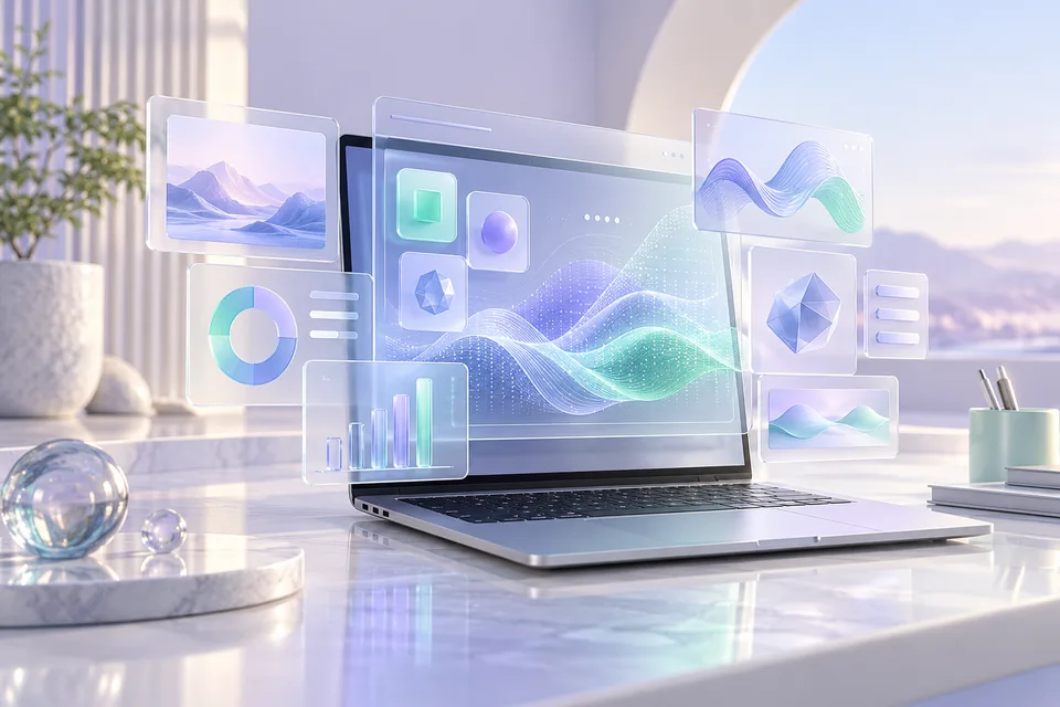 Concept image of a laptop with floating glass software interfaces