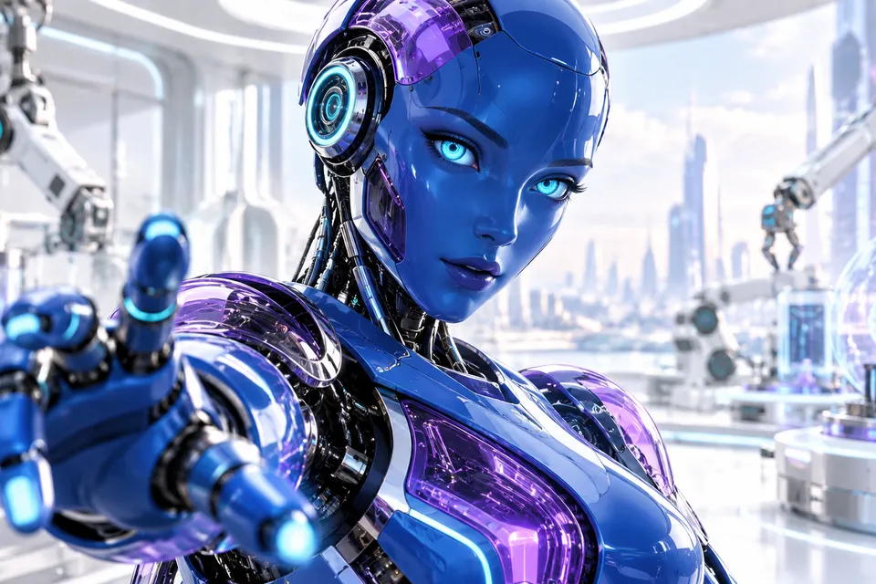 AI-generated concept: cobalt robot in a futuristic laboratory