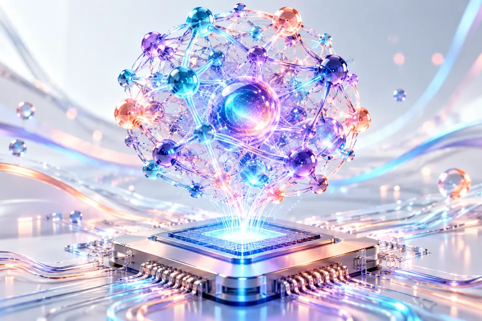 AI-generated concept: colorful neural network above an AI chip