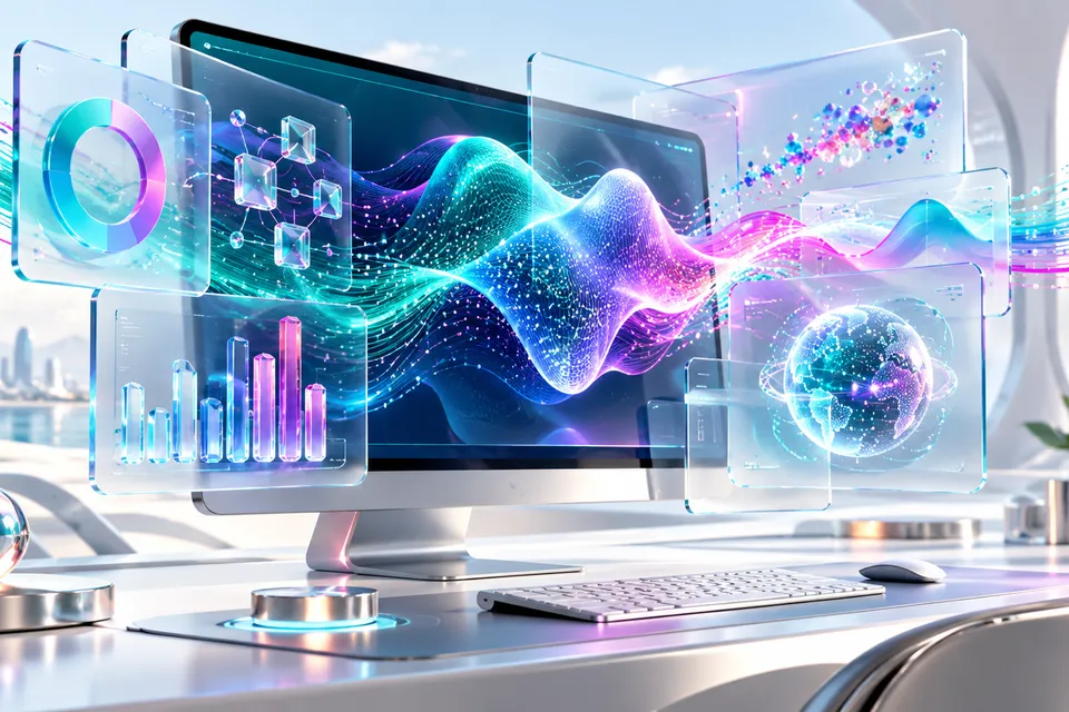 AI-generated concept: glass software workstation with data streams